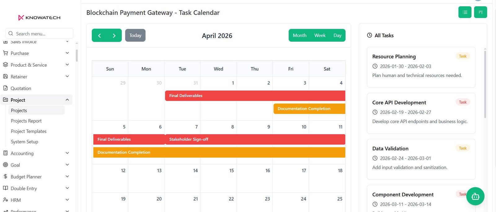 Project Task Calendar